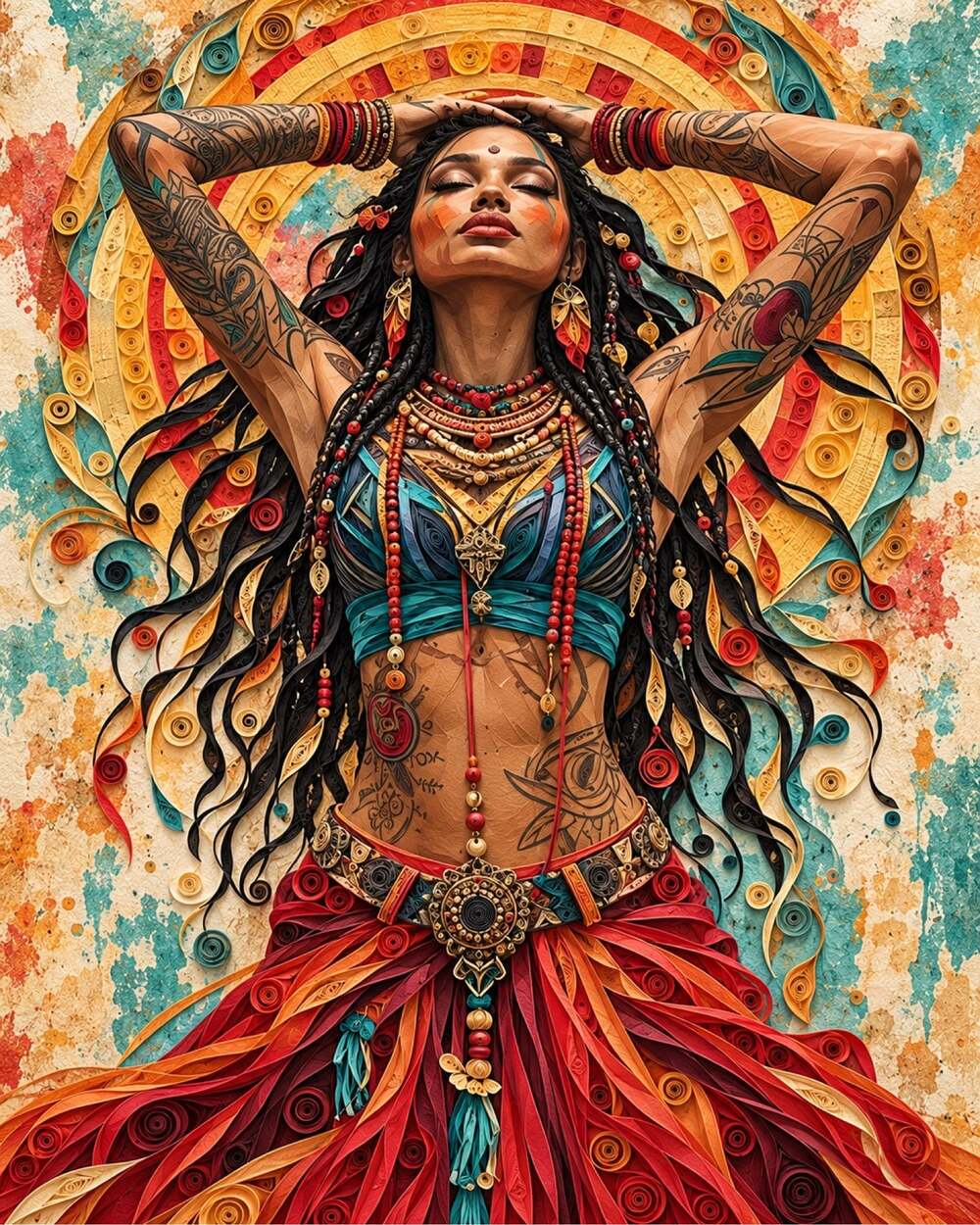 8x10 Black Framed Bohemian Woman Paper-Quill Style Art Print
